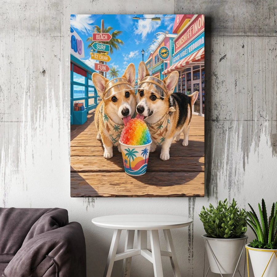 Corgi Beach Art Vertical Canvas | Cute Dogs Eating Rainbow Shaved Ice on Boardwalk | Premium 1.25" Gallery Wrap | Fun Summer Gift for Dog Lovers
