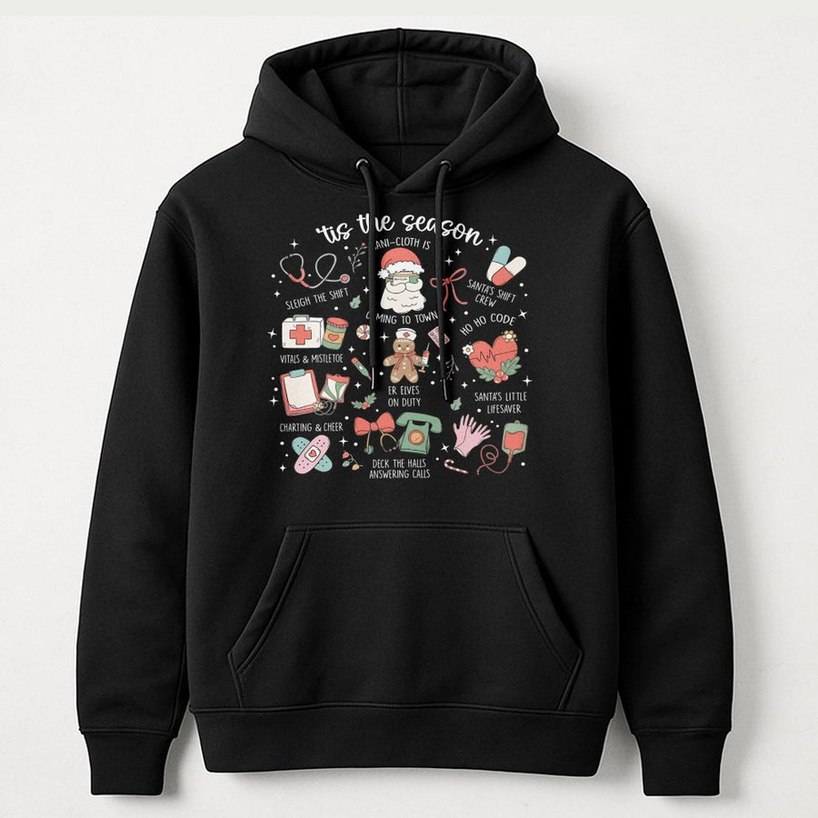 Nurse Christmas Hoodie | Tis The Season Medical Graphic Design | Cotton Blend Premium Gift | Festive Healthcare Worker Apparel