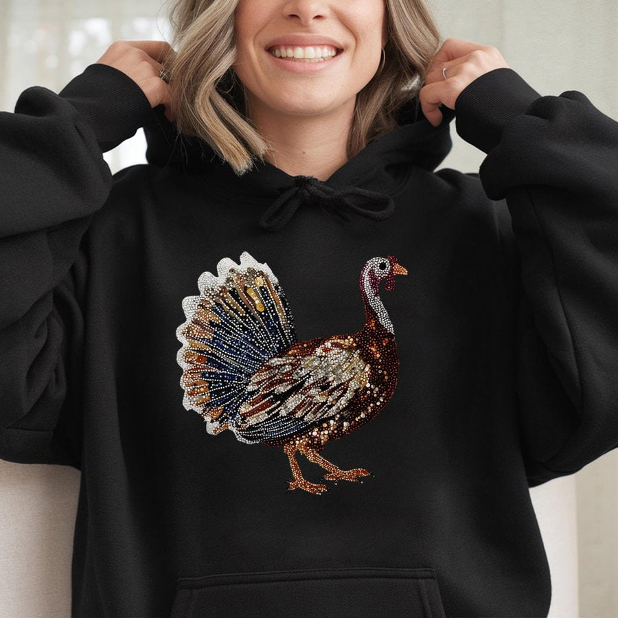 Turkey Hoodie | Rhinestone Look Thanksgiving Graphic | Premium Cotton Blend | Unisex Fall Gift For Men And Women