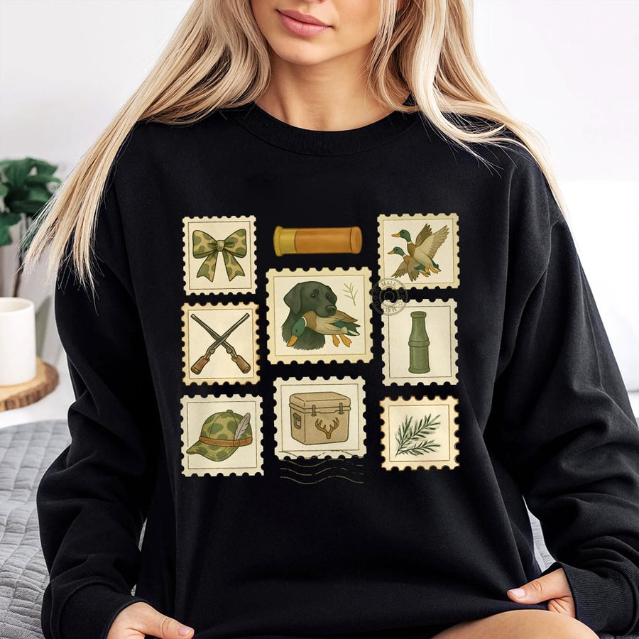 Duck Hunting Sweatshirt | Coquette Camo Bow Stamp Design | Premium Cotton Blend Crewneck | Cute Country Girl Gift for Outdoorsy Women