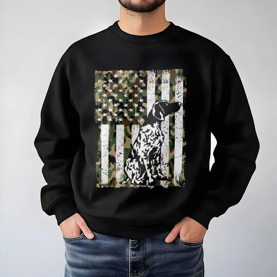 German Shorthaired Pointer Sweatshirt | Grunge Camo American Flag Design | Premium Cotton Blend | Gift for Hunting Dog Lovers & GSP Owners