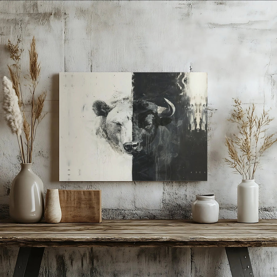 Bull and Bear Stock Market Horizontal Canvas | Split Face Abstract Black and White Print | Premium 1.25" Gallery Wrap | Office Wall Art Decor Gift for Day Traders & Investors