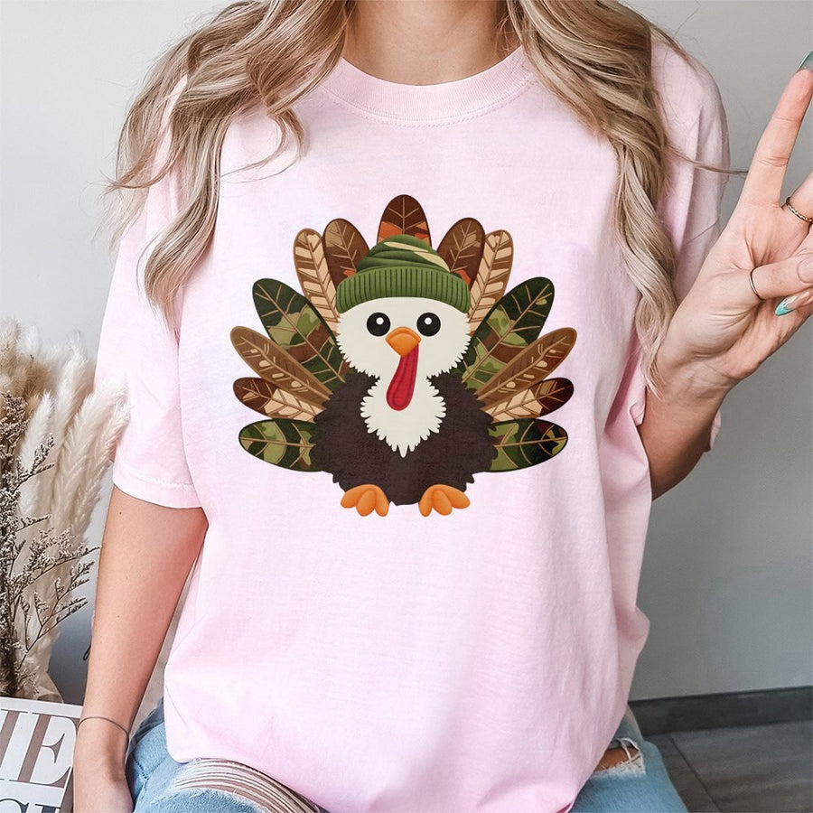 Thanksgiving Turkey T-Shirt | Cute Camo Beanie Graphic Tee | 100% Cotton Premium Apparel | Fun Fall Holiday Gift for Men and Women