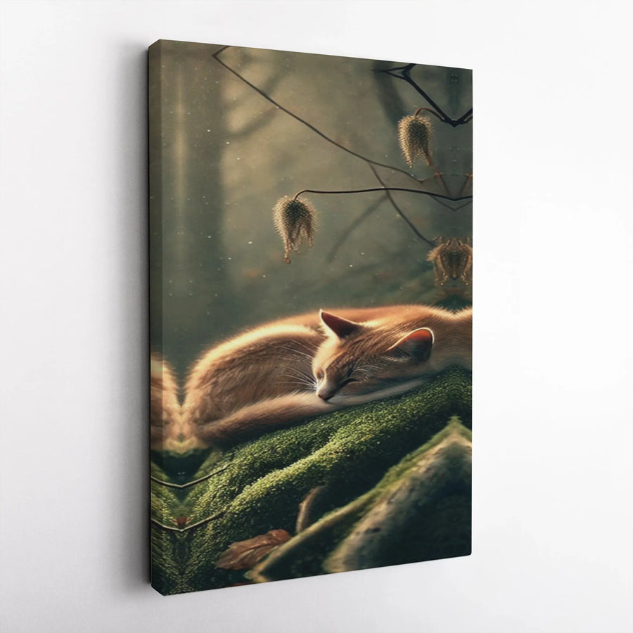 Sleeping Cat Canvas Wall Art | Peaceful Woodland Ginger Cat Print | Premium Fade-Resistant Canvas | Cozy Home Decor Gift for Cat Lovers