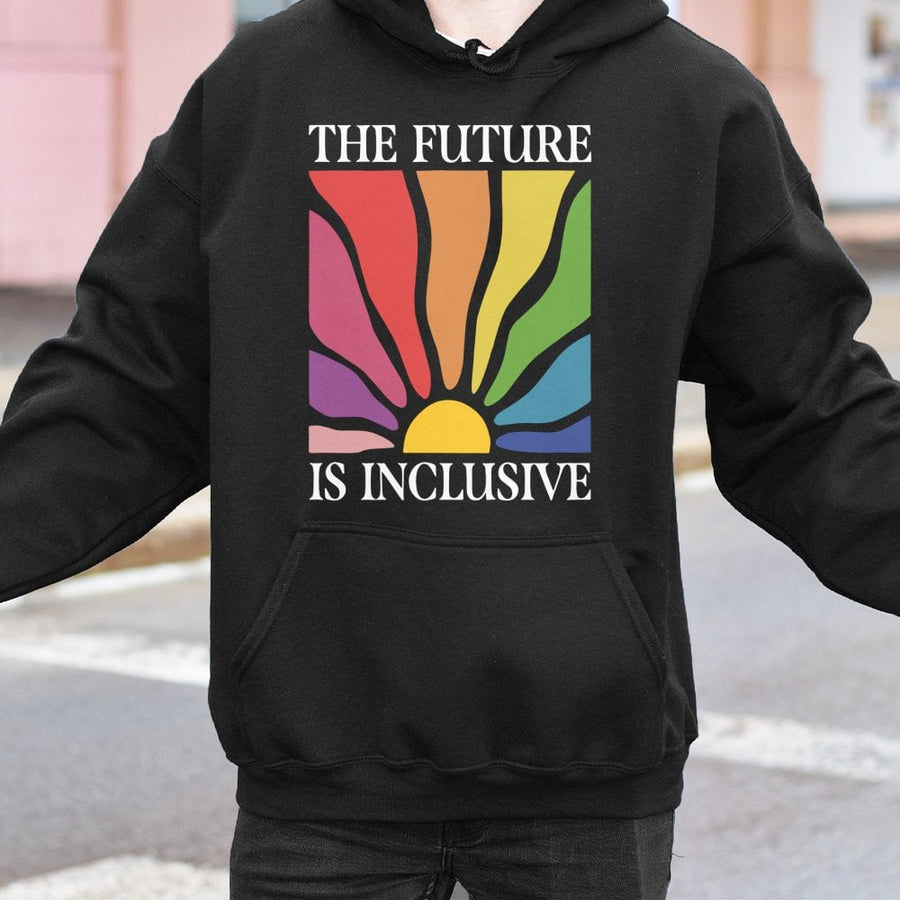 The Future Is Inclusive Hoodie | Retro Rainbow Sun Graphic | Cotton-Poly Blend Premium Sweatshirt | LGBTQ Pride Equality Gift for Activists