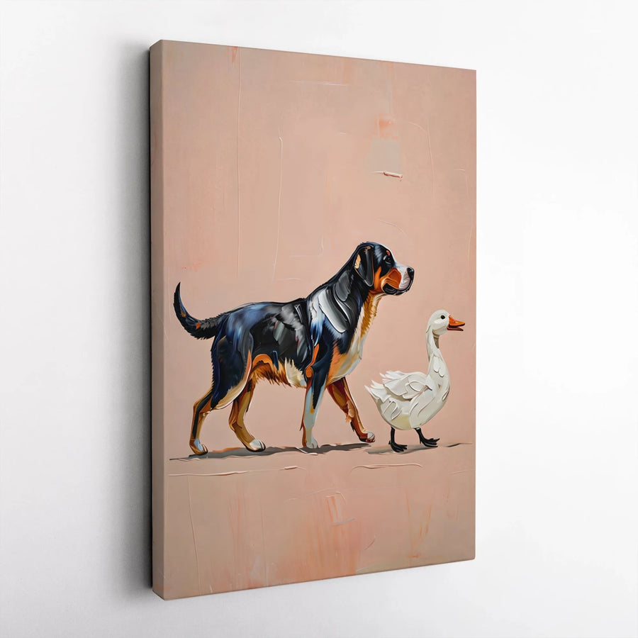 Greater Swiss Mountain Dog Wall Art | Impressionist Dog and Goose Painting | Premium Gallery-Wrapped Canvas | Animal Lover Home Decor Gift