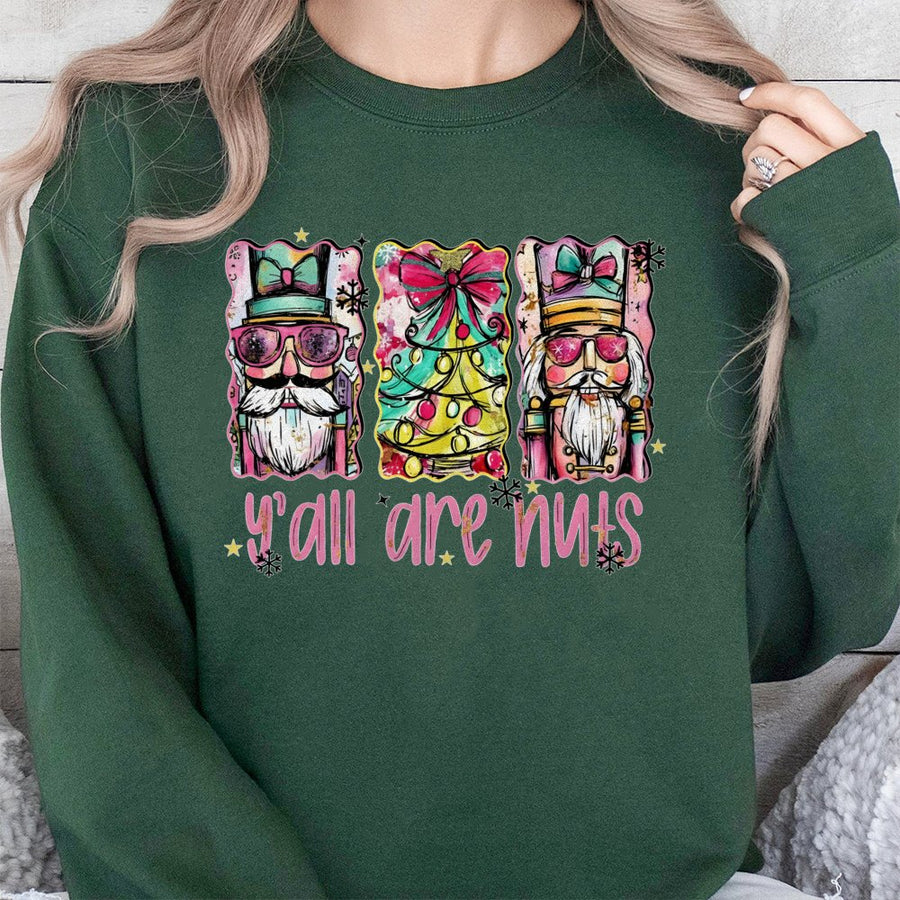 Y'all Are Nuts Christmas Sweatshirt | Funny Nutcracker Graphic | Premium Cotton-Poly Blend | Festive Holiday Gift for Women and Men