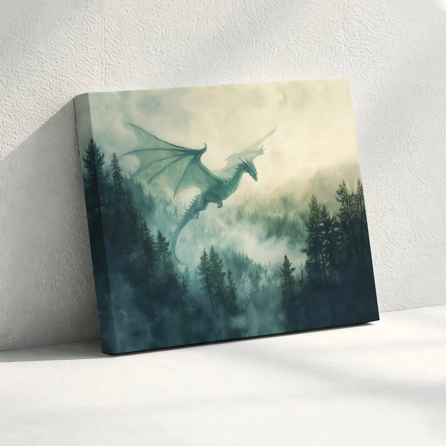 Mythical Dragon Canvas Wall Art | Flying Over Misty Forest Landscape | Premium Canvas Print | Collector's Gift for Fantasy Fans