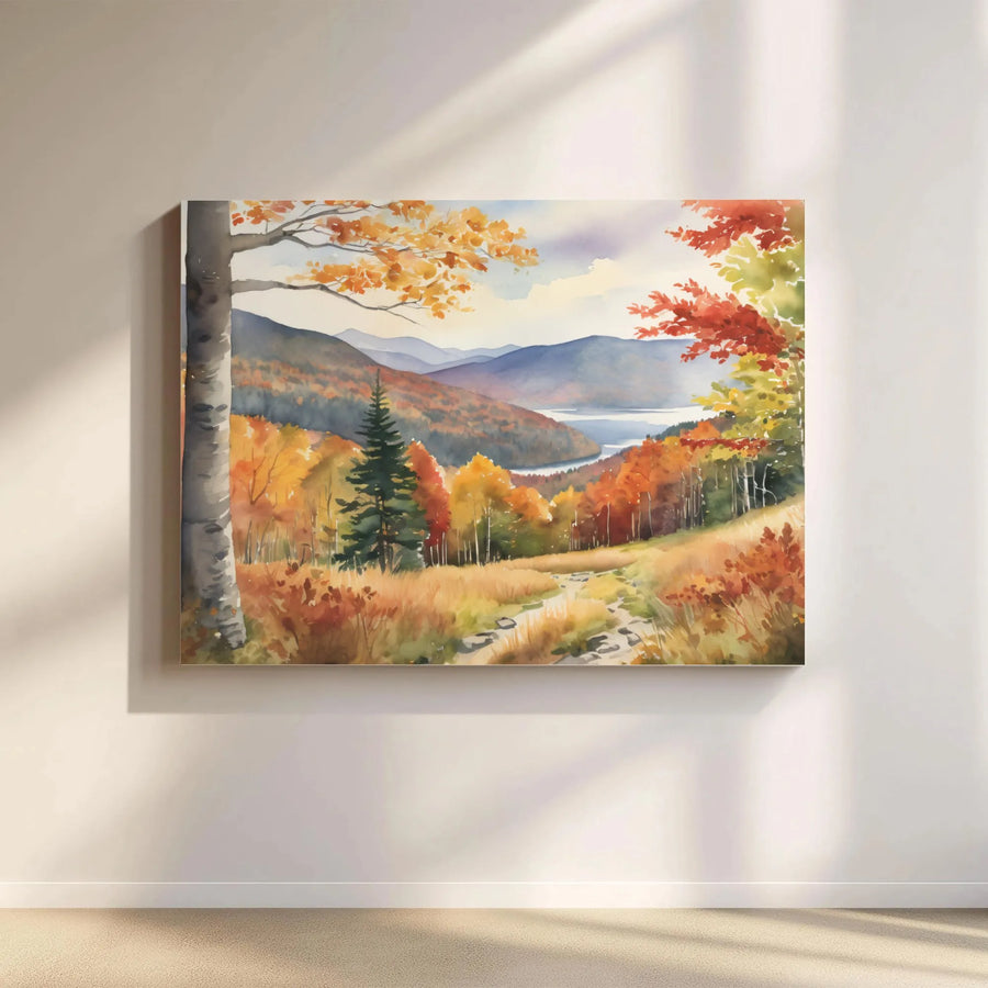 Autumn Mountain Landscape Canvas Art | Watercolor Fall Forest Lake Print | Premium Gallery Wrap Wall Decor | Rustic Nature Home Office Gift