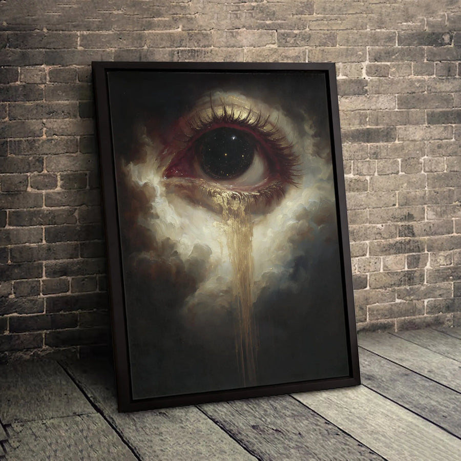 Surreal Cosmic Eye Wall Art | Galaxy Pupil & Gold Tears Print | Premium Gallery Wrap Canvas | Gothic Mystical Home Decor