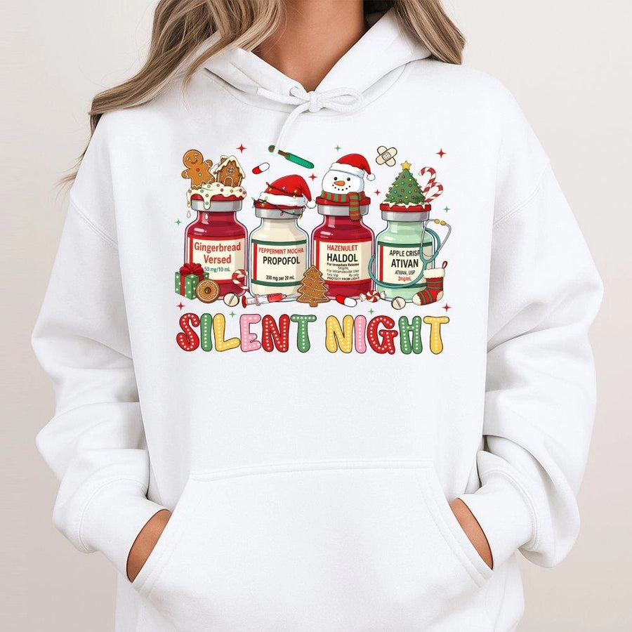 Silent Night Nurse Hoodie | Christmas Medical Medication Vials Design | Soft Cotton-Blend Premium Sweatshirt | Funny ICU RN Holiday Gift