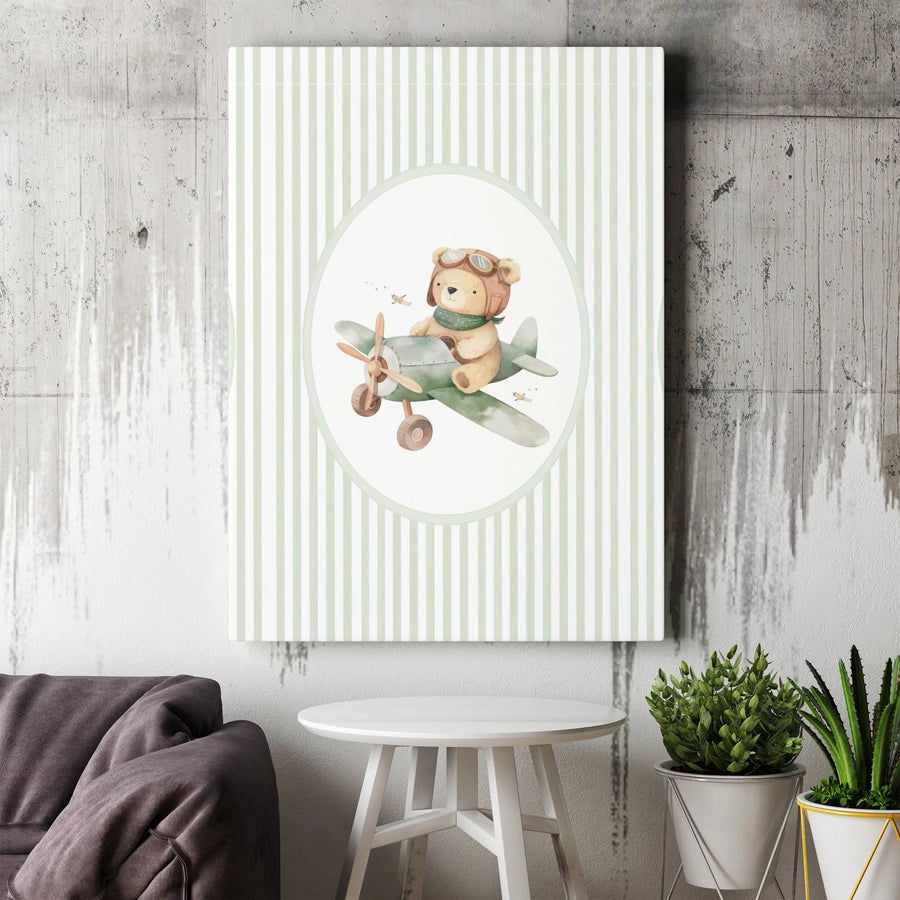 Watercolor Teddy Bear Pilot Canvas | Cute Airplane Wall Art | Premium Gallery Wrap Decor | Nursery Room Gift for Kids & Baby Boys