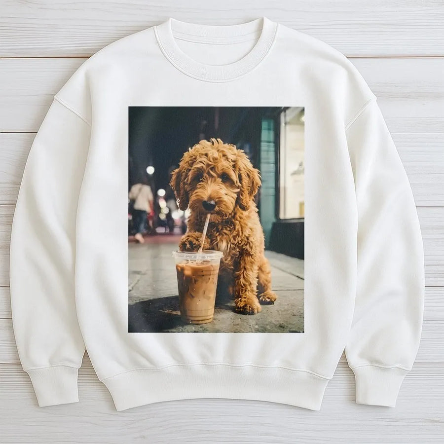 Doodle Dog Sweatshirt | Puppy Drinking Iced Coffee Graphic | Soft Cotton Blend | Unique Gift for Dog Lovers & Doodle Moms