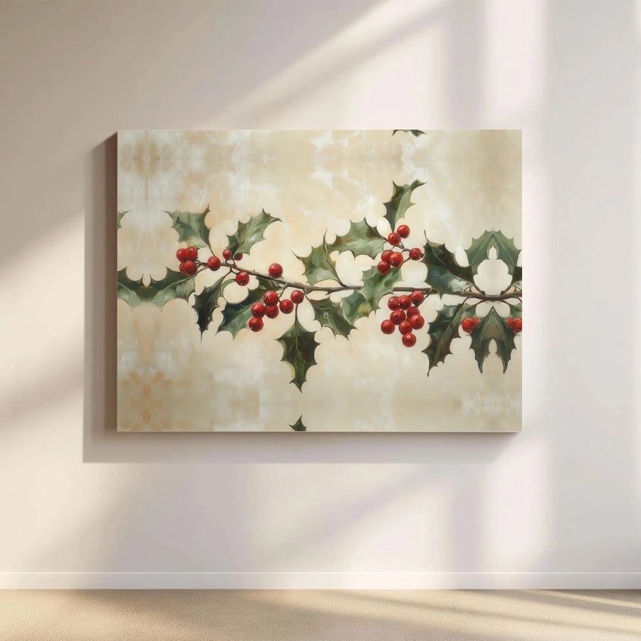 Christmas Holly Branch Canvas Art | Vintage Red Berry Botanical Wall Decor | Gallery Quality Premium Print | Festive Holiday Home Gift
