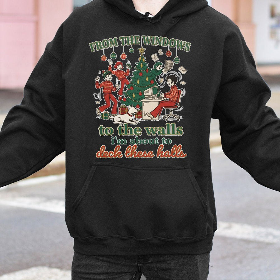 Funny Christmas Hoodie | Deck The Halls Retro Graphic | Cotton-Poly Blend Premium Sweatshirt | Festive Holiday Gift For Him And Her