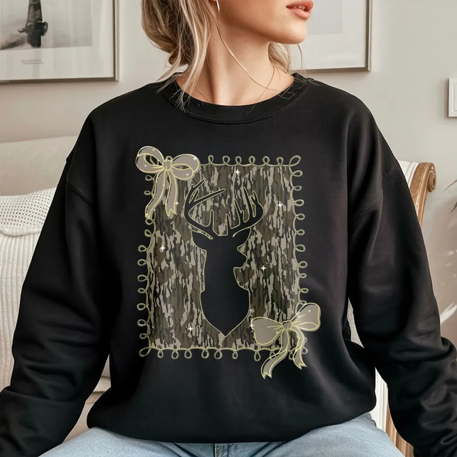 Camo Deer Head Sweatshirt | Rustic Bow Graphic Design | Premium Cotton-Poly Blend | Country Girl Hunting Gift for Women