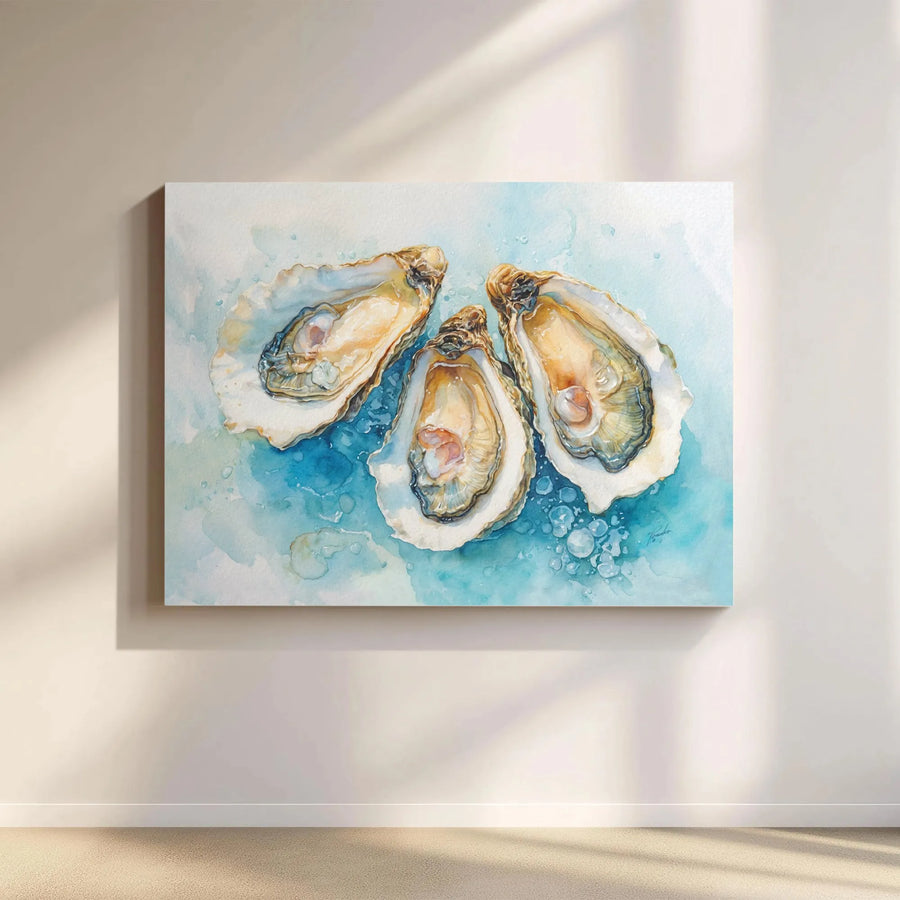 Oyster Watercolor Canvas Art | Coastal Beach Wall Decor | Premium Gallery Wrap Print | Sea Life Gift for Home Kitchen & Dining Room