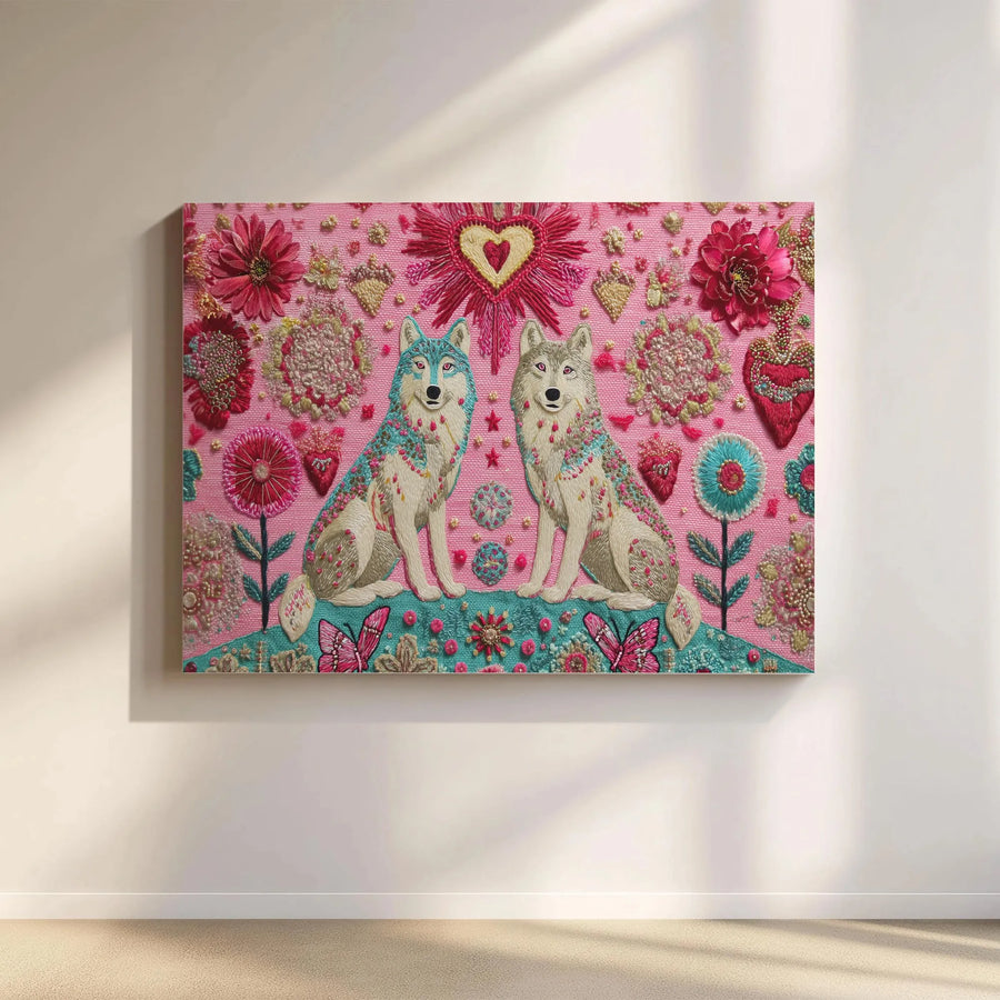 Folk Art Wolf Couple Canvas | Textured Embroidery Style Print with Sacred Heart | Premium 1.25" Thick Gallery Wrap | Eclectic Boho Wall Decor Gift