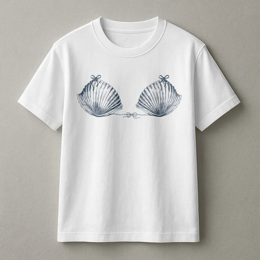 Seashell T-Shirt | Coquette Bow Seashell Bikini Graphic | Soft Cotton-Blend Unisex Fit | Unique Gift for Beach Lover & Mermaid Core Aesthetic