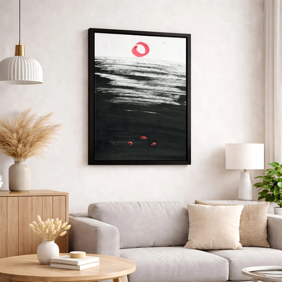 Japanese Red Sun Canvas Wall Art | Dark Surreal Monster Eyes Print | Premium 1.25 Inch Gallery Wrap | Modern Home Office Decor Gift