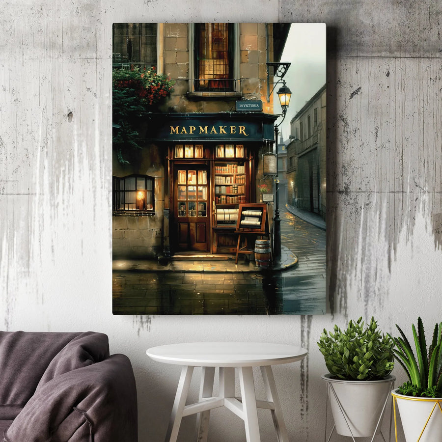 Map Maker Shop Canvas Wall Art | Rainy Victorian Street Scene | Premium Gallery Wrap Decor | Moody Vintage Aesthetic Gift For Readers
