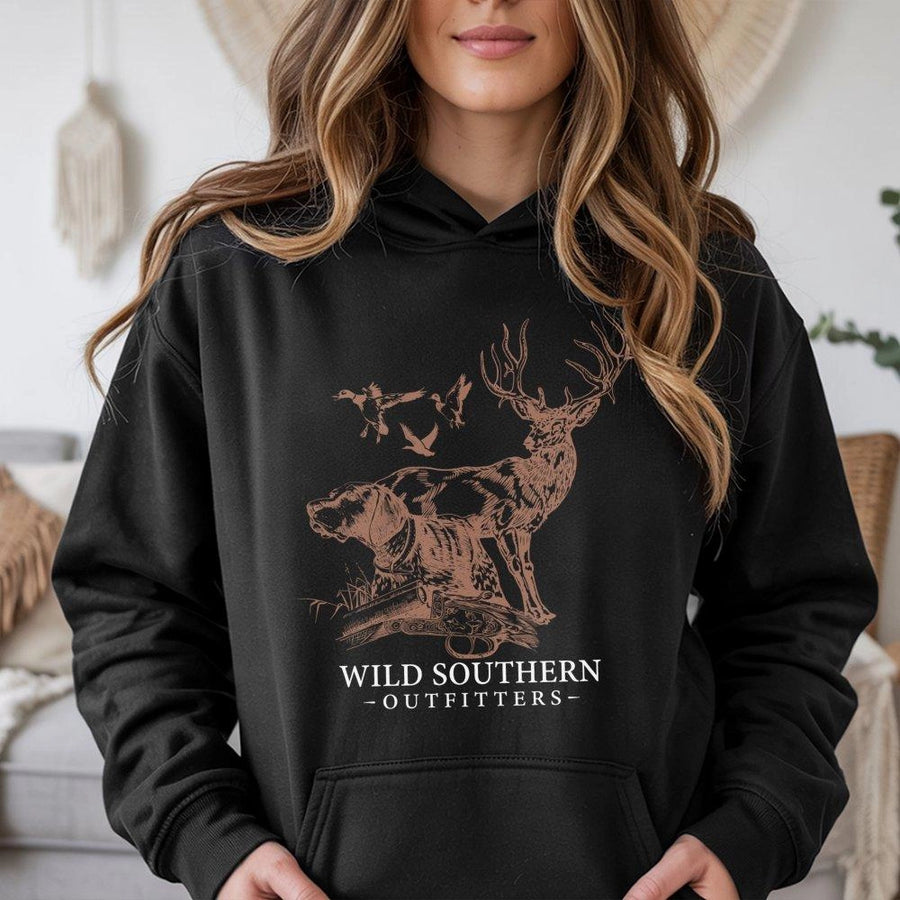 Hunting Hoodie | Vintage Deer and Bird Sketch Graphic | Premium Cotton Blend | Unisex Gift for Outdoorsmen and Country Lovers