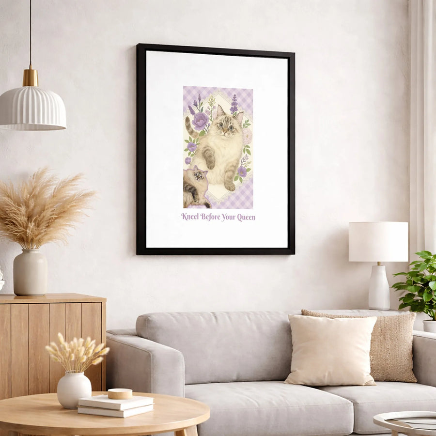 Kneel Before Your Queen Cat Canvas Wall Art | Floral Ragdoll Illustration | Premium 1.25" Gallery Wrap | Funny Pet Lover Gift Home Decor