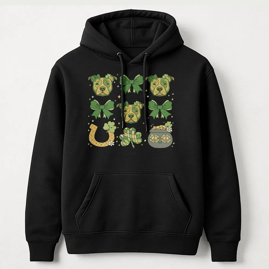 St. Patrick's Day Pitbull Hoodie | Cute Coquette Dog Mom Shamrock Graphic | Premium Cotton Blend | Gift For Dog Lovers