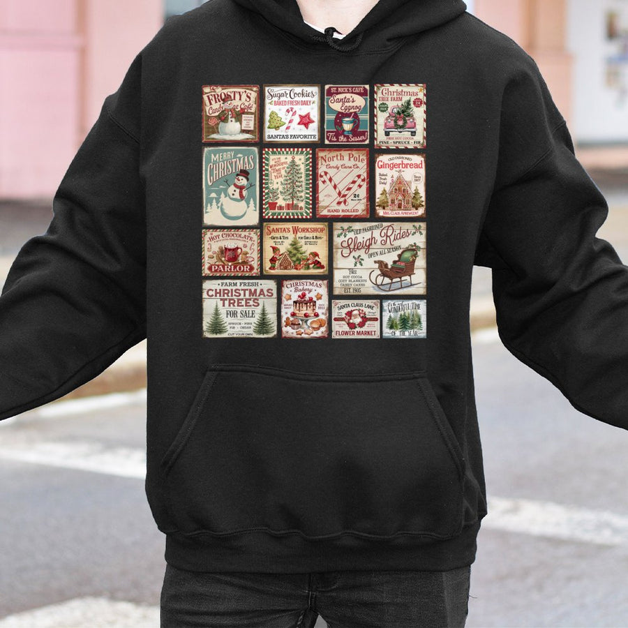 Vintage Christmas Hoodie | Retro Holiday Stamp Collage Graphic | Soft Cotton-Blend Pullover | Festive Gift For Christmas Lovers