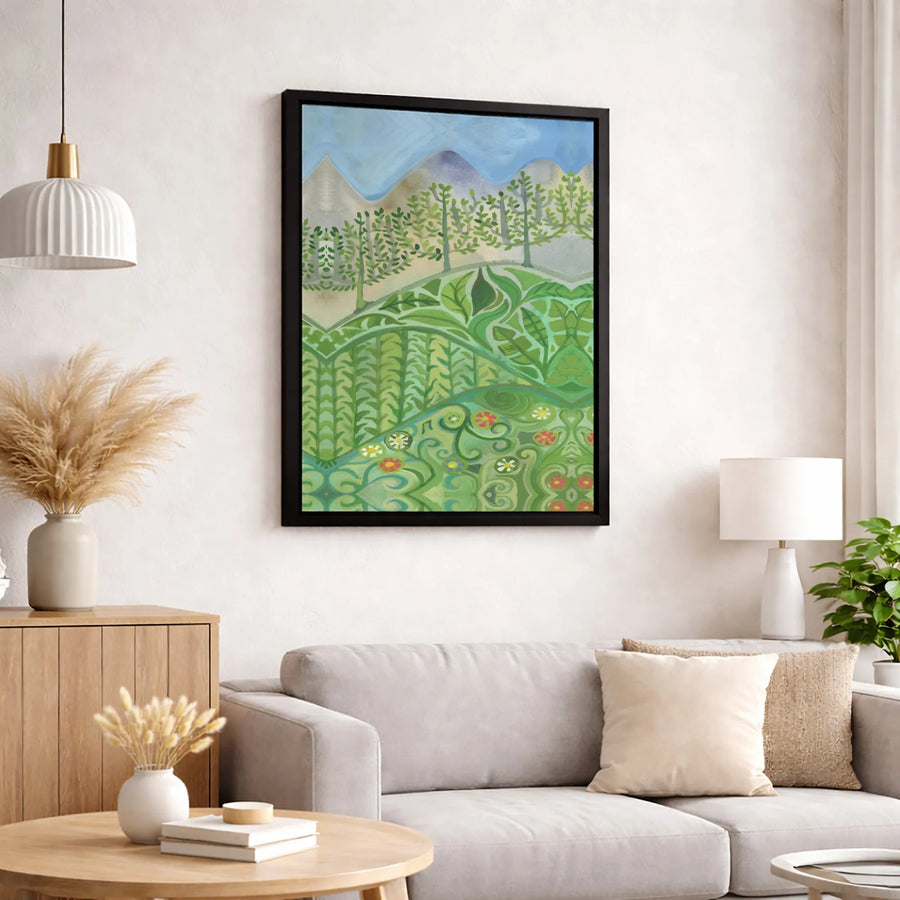 Folk Art Landscape Canvas Print | Stylized Mountain & Floral Garden Art | Gallery-Quality 1.25 Inch Thick Profile | Nature Inspired Home Decor
