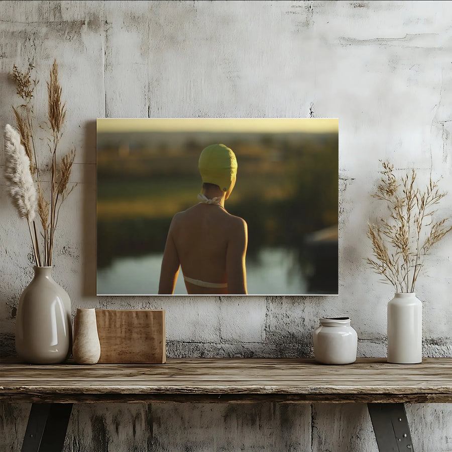 Vintage Swimmer Canvas Art | Woman in Yellow Swim Cap Print | Premium Gallery Wrapped Canvas | Serene Bathroom Wall Decor Gift