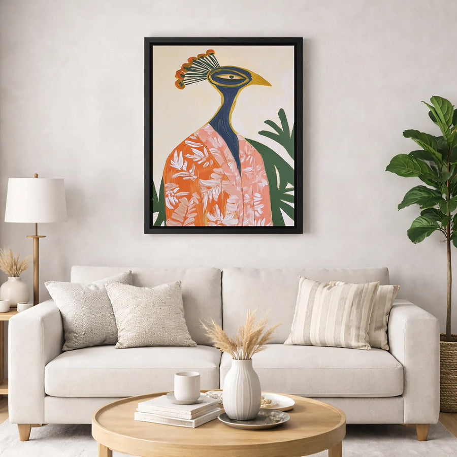 Abstract Peacock Wall Art | Whimsical Bird in Orange Floral Robe | Premium 1.25" Gallery Wrapped Canvas | Eclectic Modern Home Decor Gift