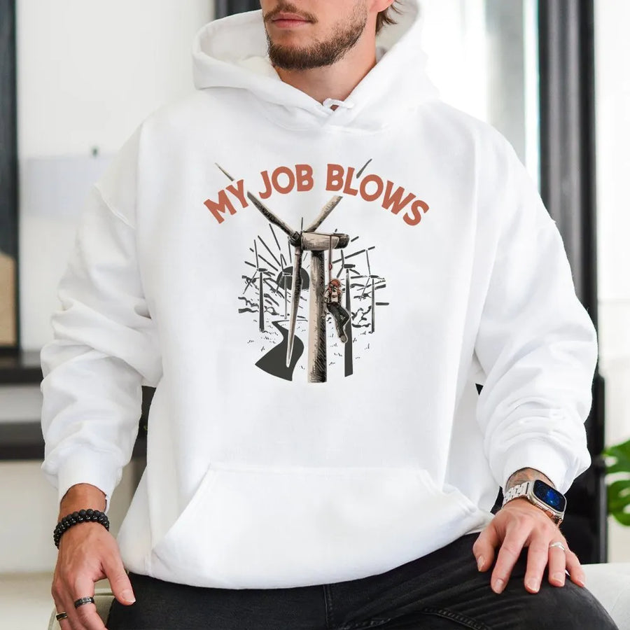 My Job Blows Hoodie | Wind Turbine Technician Gift | Premium Cotton Blend | Funny Renewable Energy Worker Apparel