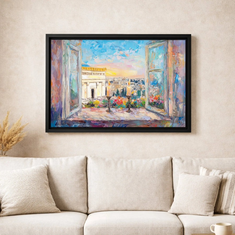 Jerusalem Old City Canvas Wall Art | Impressionist Shabbat Candles Window View | Premium Fade-Resistant Print | Jewish Home Decor Gift