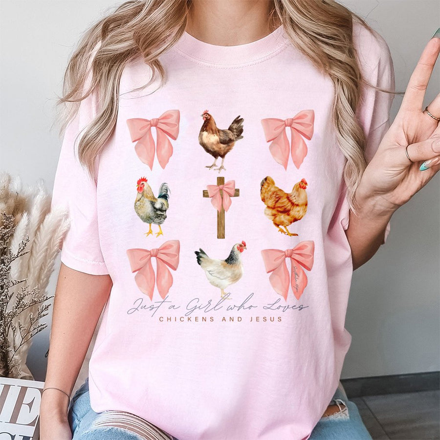 Just A Girl Who Loves Chickens And Jesus T-Shirt | Farmhouse Religious Faith Graphic | 100% Cotton Premium Quality | Christian Country Girl Gift