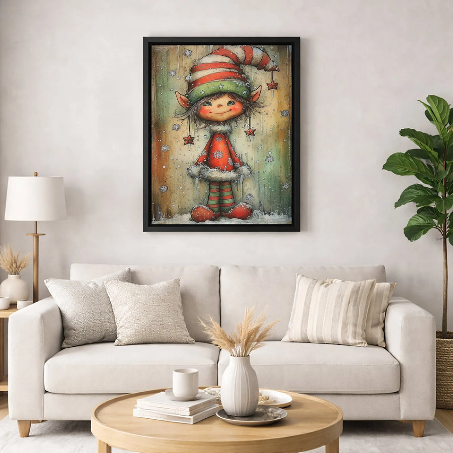Whimsical Christmas Elf Canvas Wall Art | Festive Winter Snowflakes & Stars | Premium 1.25-Inch Gallery Wrap | Seasonal Holiday Home Decor