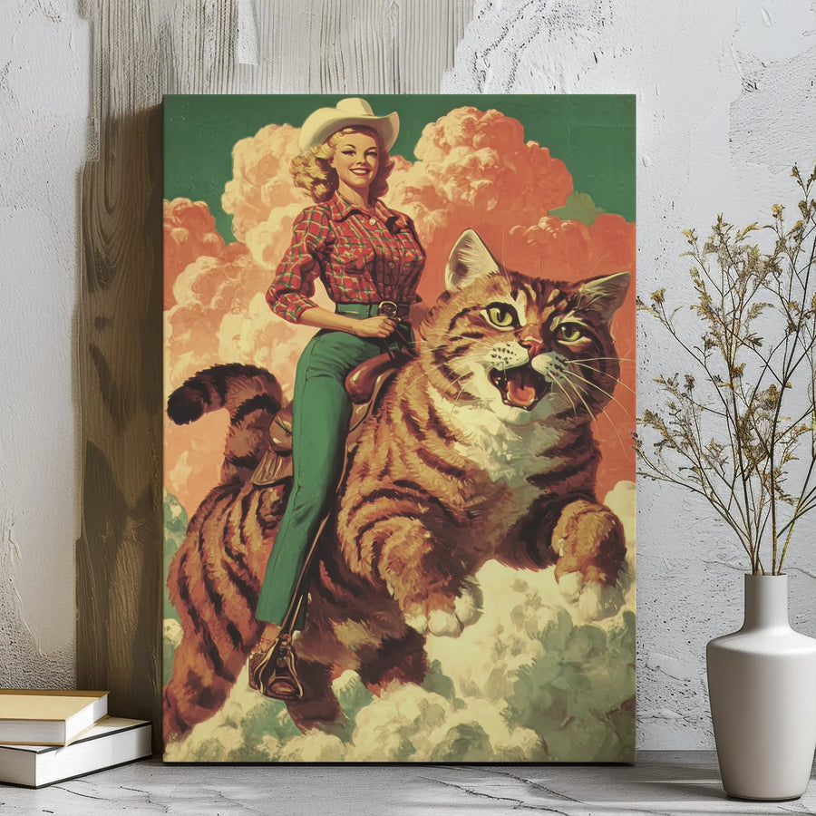 Retro Cowgirl Riding Giant Cat Canvas | Whimsical Western Tabby Illustration | Premium Gallery Wrap Wall Art | Unique Home Decor Gift