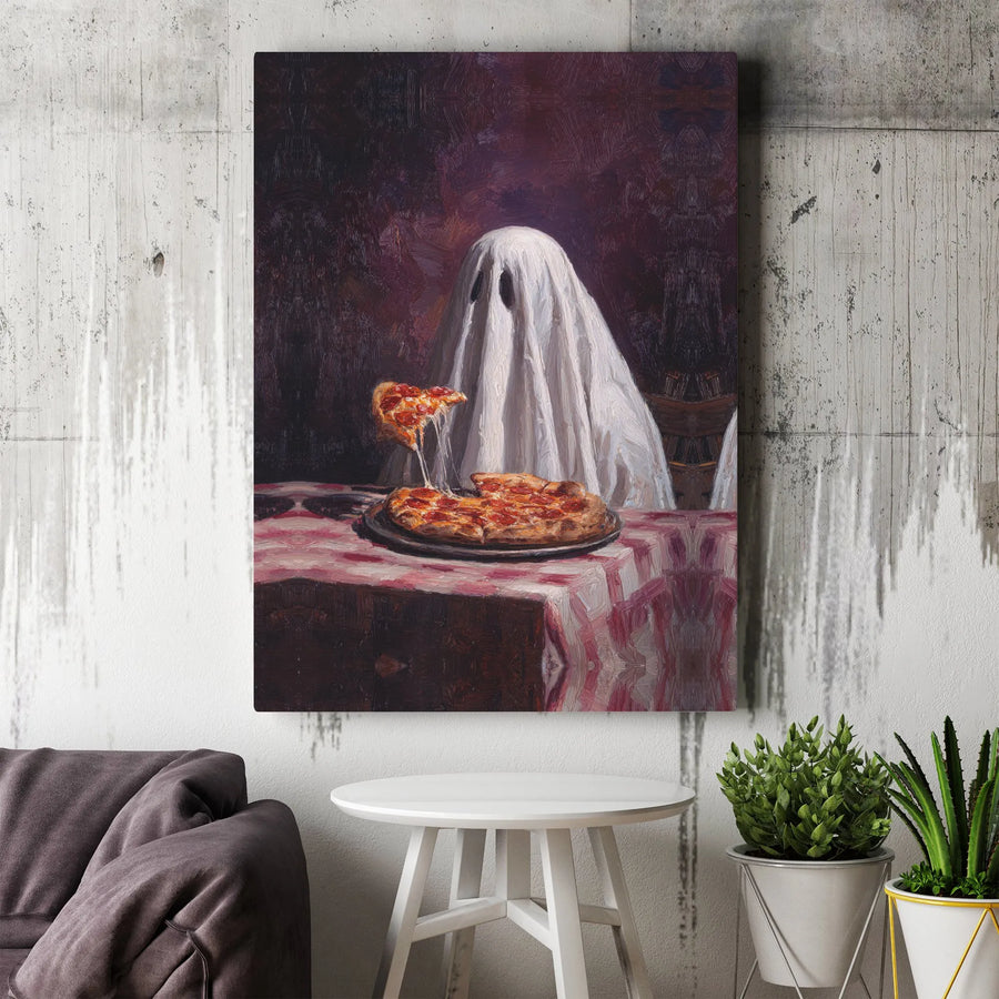 Ghost Eating Pizza Wall Art | Funny Spooky Foodie Canvas Print | Gallery-Quality Stretched Decor | Unique Gift for Pizza Lovers