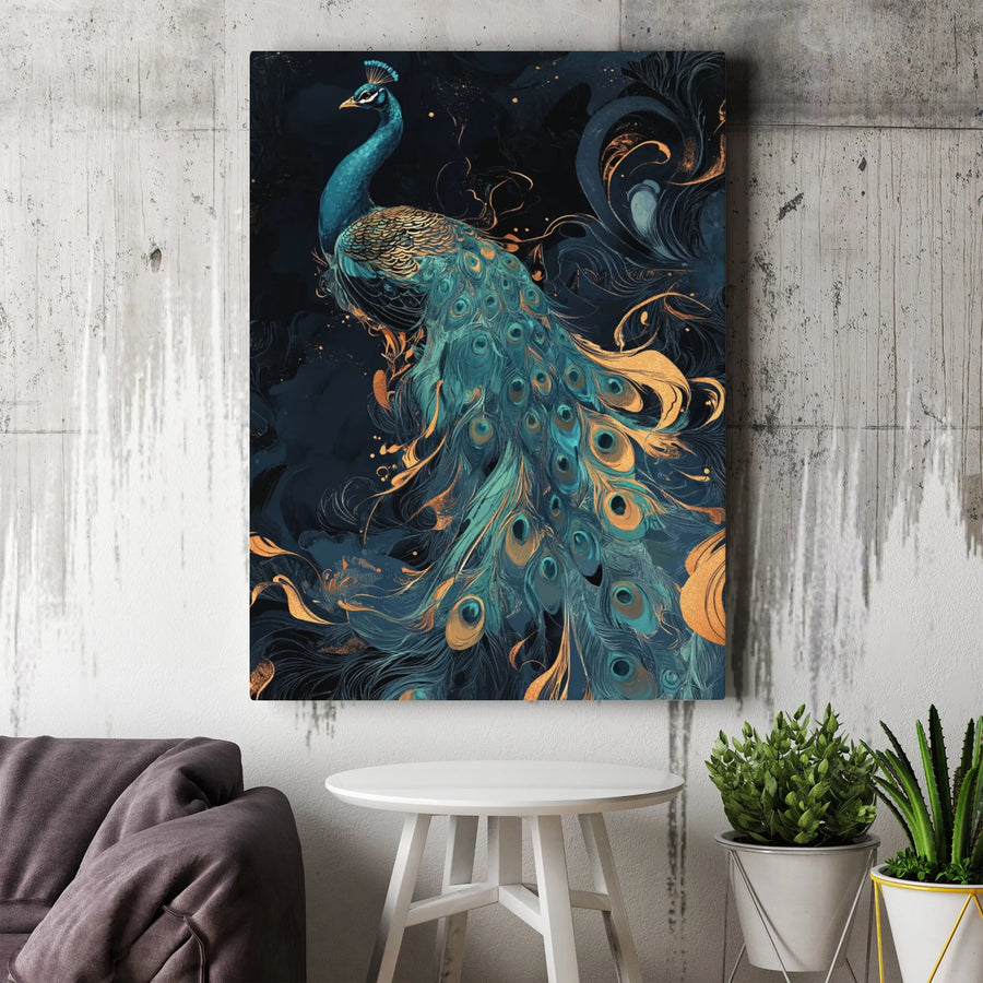 Teal and Gold Peacock Wall Art | Abstract Bird Canvas Print | Premium Gallery Wrapped Decor | Elegant Home and Office Aesthetic Gift