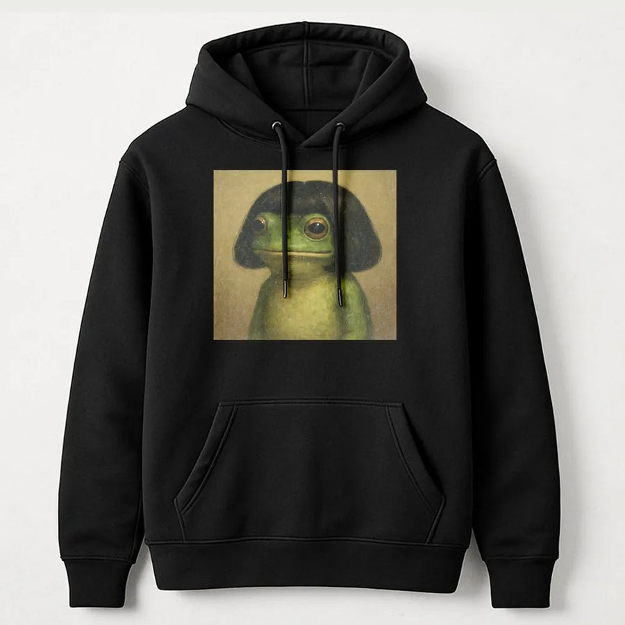 Frog With A Wig Hoodie | Funny Meme Aesthetic Pullover | Soft Cotton Blend Premium Sweatshirt | Unique Gift For Frog Lovers And Internet Humor Fans