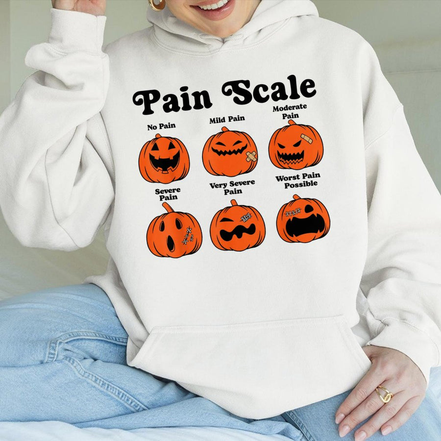 Halloween Pain Scale Pumpkin Hoodie | Funny Nurse RN Graphic Sweatshirt | Premium Cotton-Poly Blend | Cute Gift for Nurses & Nursing Students