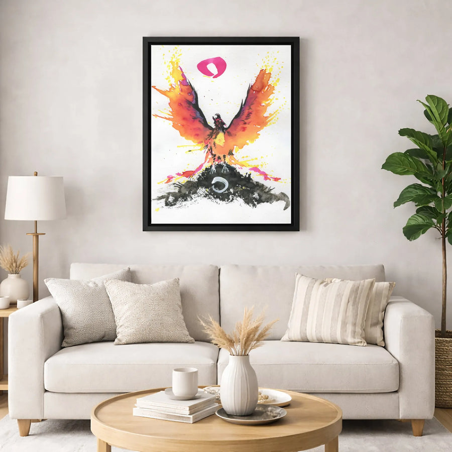 Phoenix Rising Canvas Wall Art | Abstract Watercolor Japanese Ink Wash Style | Premium Gallery Wrap | Symbolic Home Decor Gift for Mythology Fans