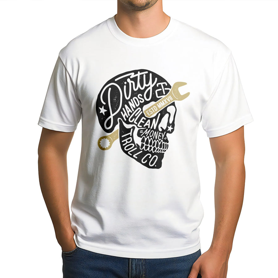Dirty Hands Clean Money T-Shirt | Mechanic Skull Wrench Graphic Print | Premium Soft Cotton Tee | Perfect Gift For Dad, Blue Collar Worker