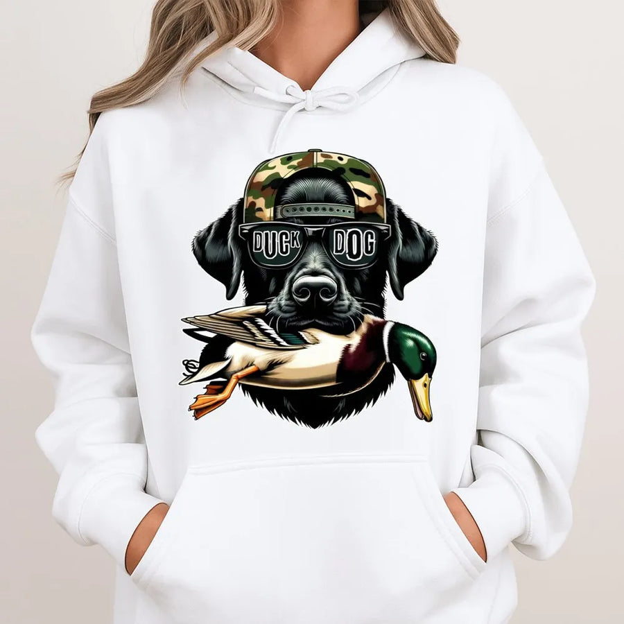 Labrador Duck Hunting Hoodie | Black Lab Mallard Dog with Camo Hat | Premium Cotton Blend | Gift for Hunter and Dog Lover
