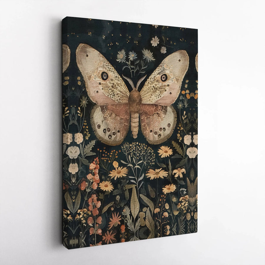 Vintage Moth Canvas Wall Art | Botanical Wildflowers Illustration | Premium Gallery Wrapped Print | Nature Lover Home Decor Gift