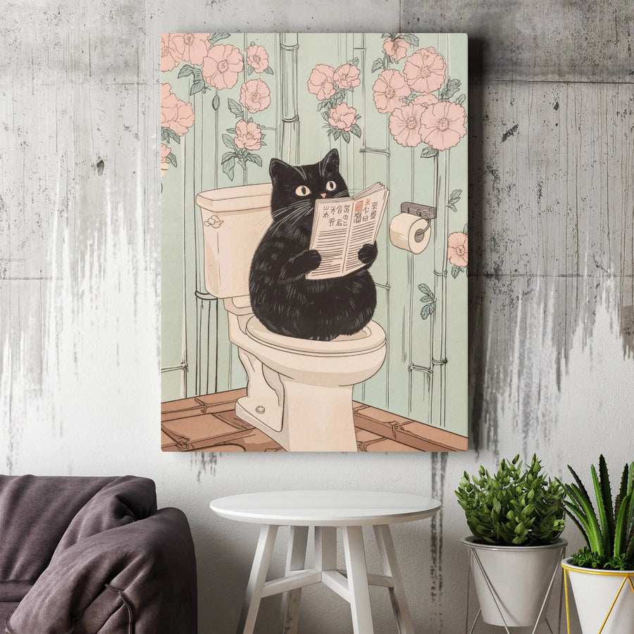 Black Cat Reading on Toilet Canvas Print | Quirky Japanese Ukiyo-e Style Wall Art | Premium Gallery Wrapped | Funny Bathroom Decor Gift for Cat Lovers
