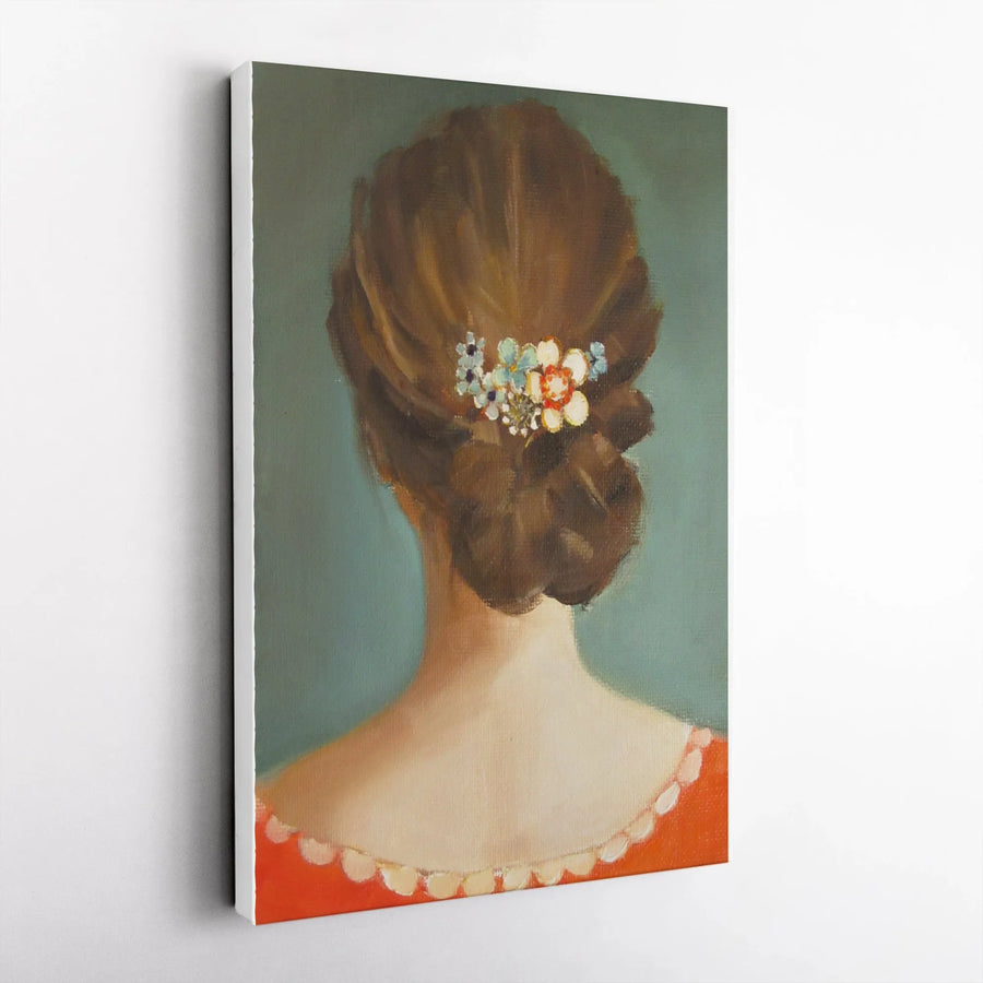 Elegant Woman Portrait Vertical Canvas | Vintage Oil Painting Style Print with Floral Hairpin | Premium 1.25" Thick Gallery Wrap | Romantic Home Decor Gift