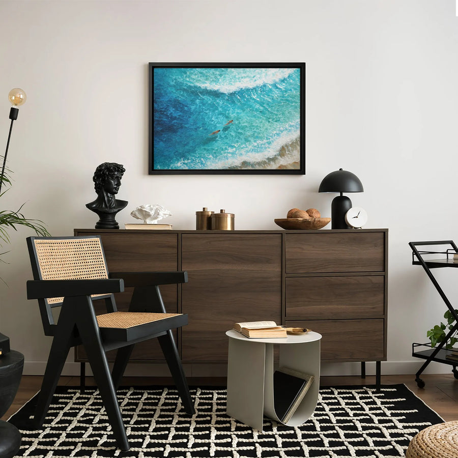 Ocean Swimmers Canvas Print | Aerial Coastal Blue Waves Art | Premium Gallery-Wrapped Wall Decor | Beach House Home Decor