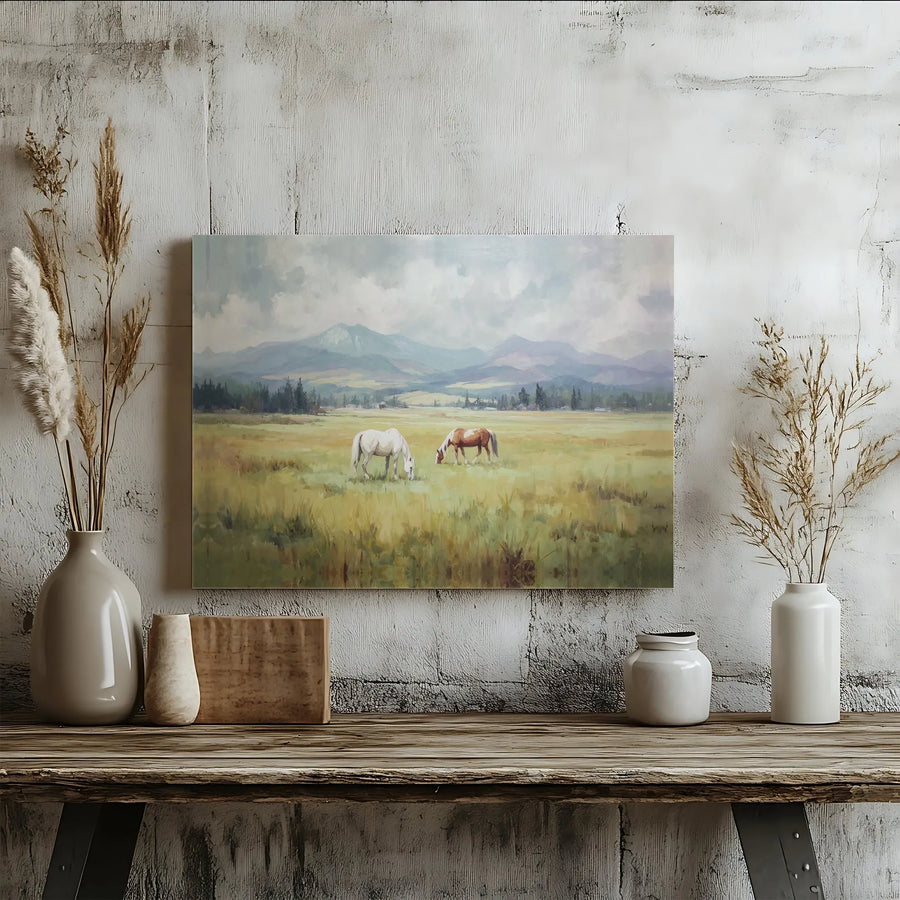 Horse Meadow Landscape Canvas | Mountain Field Wall Art Print | Premium Gallery Wrap Decor | Farmhouse Aesthetic Gift for Nature Lovers