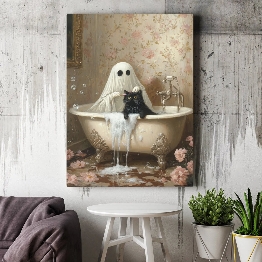 Ghost Brushing Black Cat in Bathtub Canvas | Whimsical Spooky Bathroom Wall Art | Premium 1.25-inch Gallery Wrapped | Cute Halloween Home Decor Gift